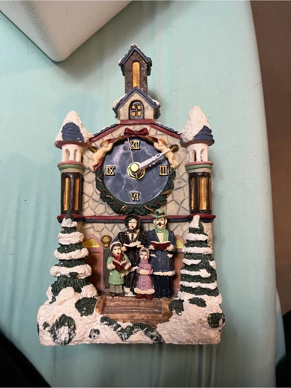 Festive Blue and White Holiday Village Clock Figurine - Unbranded